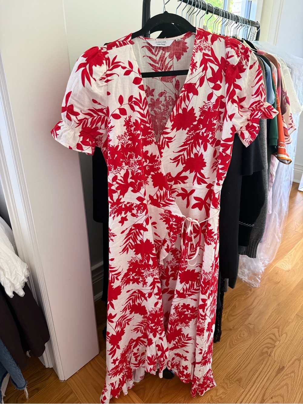 Red & White Floral Midi Wrap Dress with Tie Waist